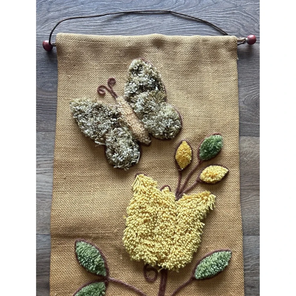 VTG 1970S Latch Hook Wall Hanging Butterfly Floral Boho Burlap Mcm Textile Art